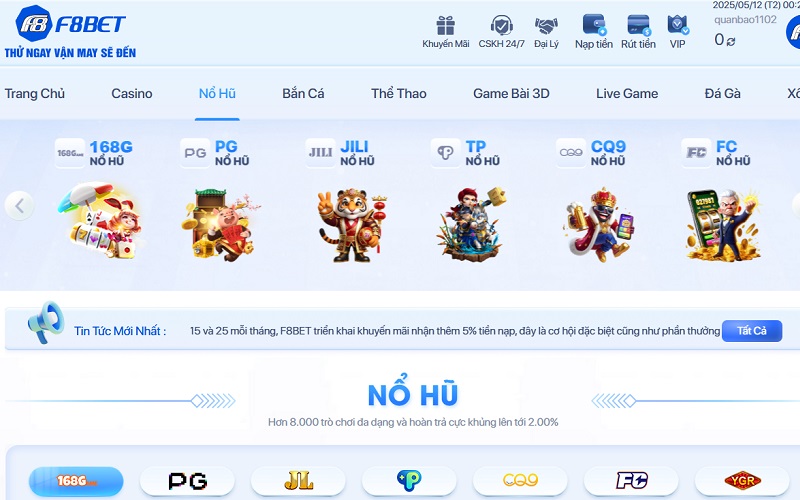 Nổ hũ F8bet5 – Sảnh cược thưởng khủng nhất năm 2025